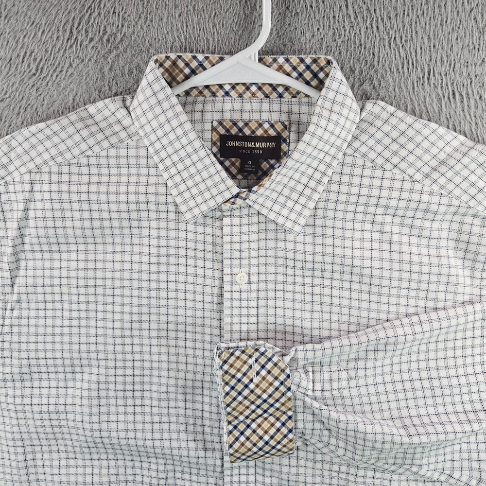 Johnston & Murphy Mens XL Button Down Shirt Cotton Plaid Tattersall White Blue